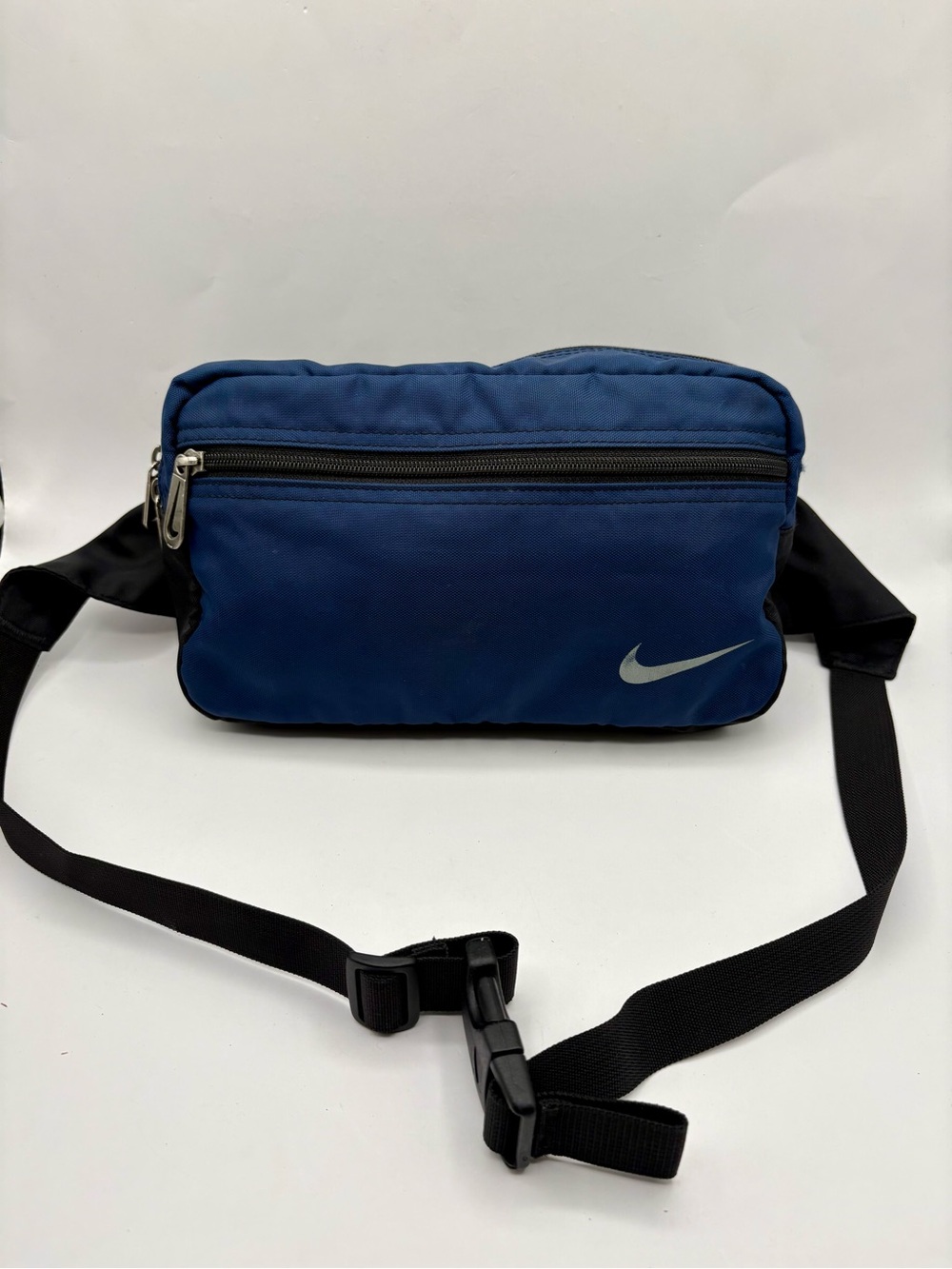 Vtg Blue Nike Waist Pack Fanny Pack Belt Bag Adjustable Strap Swoosh Cutout Zips